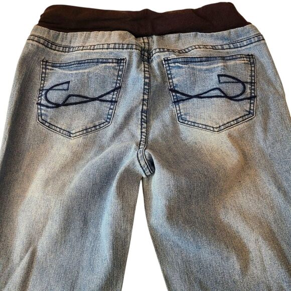 Maternity Jeans Below‎ The Bump Stretch Band Faded Denim Flare Legs Sz M - Picture 4 of 11